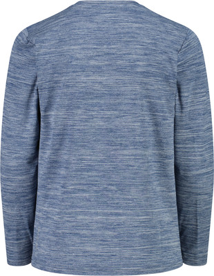 Rückansicht eines blauen Langarmshirts mit meliertem Muster.