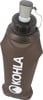 Braune faltbare Wasserflasche mit weißem Logo und grauem Verschluss.