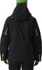 Schwarze Skijacke mit neongrünen Akzenten an Ärmeln und Kapuze.