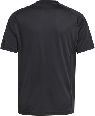 Schwarzes Herren-T-Shirt mit kurzen Ärmeln und weißen Streifen an den Schultern.