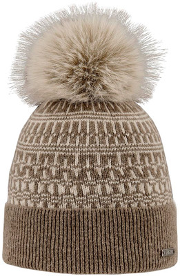 Braune Strickmütze mit Bommel und Muster. Braune Strickmütze mit Bommel und Muster.