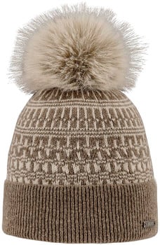 Braune Strickmütze mit Bommel und Muster.