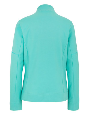 Türkise Damenjacke mit hohem Kragen und langen Ärmeln, Rückansicht. Türkise Damenjacke mit hohem Kragen und langen Ärmeln, Rückansicht.