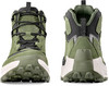 Grüne Wanderschuhe mit schwarzen Schnürsenkeln und weißer Sohle.