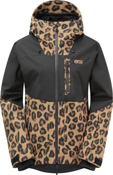 Schwarze Jacke mit Leopardenmuster auf Kapuze und unterem Teil.