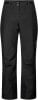 Schwarze Hose mit Zwei-Knopf-Verschluss und Logo am Bein.