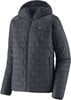 Dunkelgraue Patagonia Steppjacke für Herren mit Kapuze und Logo.