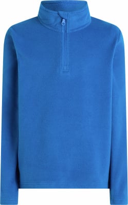 Blaue Fleece-Jacke mit Stehkragen und kurzem Reißverschluss.