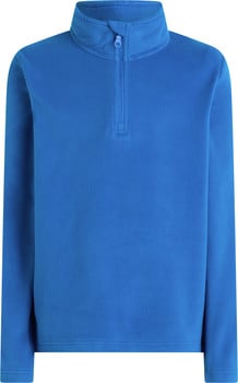 Blaue Fleece-Jacke mit Stehkragen und kurzem Reißverschluss.