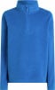 Blaue Fleece-Jacke mit Stehkragen und kurzem Reißverschluss.