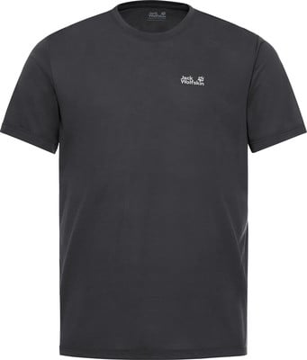 Dunkelgraues Herren-T-Shirt mit kurzen Ärmeln und Jack Wolfskin-Logo.