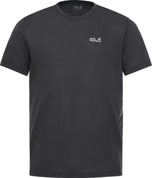 Dunkelgraues Herren-T-Shirt mit kurzen Ärmeln und Jack Wolfskin-Logo.