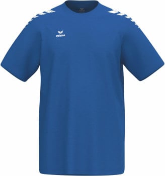 Blaues T-Shirt mit weißem Erima-Logo und Streifen auf den Schultern.