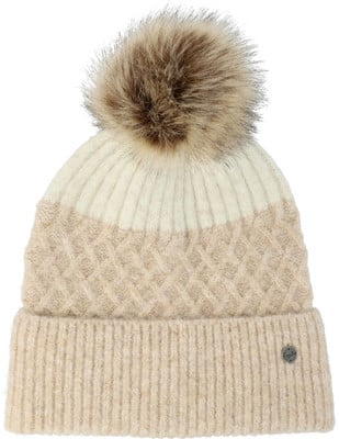 Eine beige Strickmütze mit Bommel und einem Farbstreifen oben. Eine beige Strickmütze mit Bommel und einem Farbstreifen oben.