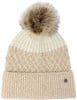 Eine beige Strickmütze mit Bommel und einem Farbstreifen oben.
