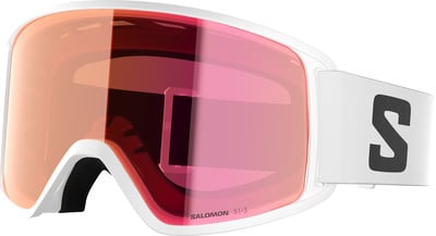Salomon Skibrille mit weißem Rahmen und rosa Spiegellinse. Salomon Skibrille mit weißem Rahmen und rosa Spiegellinse.
