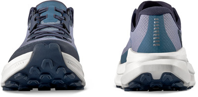 Vorder- und Rückansicht von blauen Laufschuhen mit weißer Sohle.