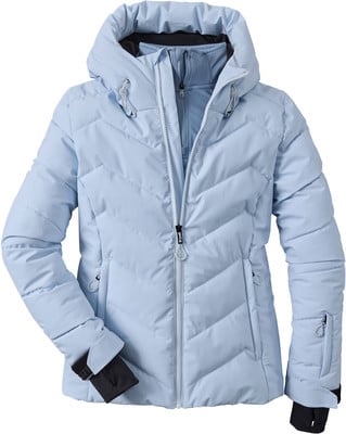 Eine blaue Daunenjacke mit Kapuze und gestepptem Muster, perfekt für Wintersport. Eine blaue Daunenjacke mit Kapuze und gestepptem Muster, perfekt für Wintersport.