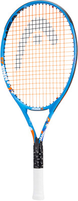 Blauer Head Tennisschläger mit orangefarbenem Saitenmuster und schwarzem Logo.