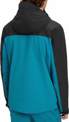 Rückansicht einer Herrenjacke mit Kapuze in Petrol und Schwarz. Rückansicht einer Herrenjacke mit Kapuze in Petrol und Schwarz.