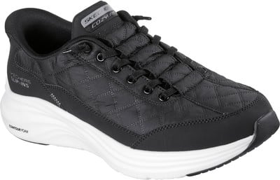 Schwarzer gesteppter Skechers Slip-ins Sneaker mit weißer Sohle und Schnürsenkeln. Schwarzer gesteppter Skechers Slip-ins Sneaker mit weißer Sohle und Schnürsenkeln.