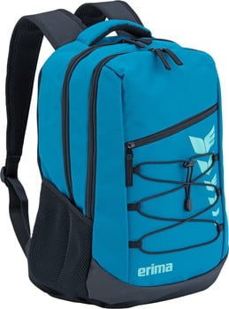 Blauer Rucksack mit dunklen Trägern und Erima-Logo auf der Vorderseite.