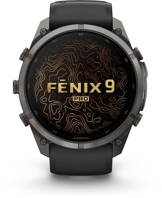 Eine Garmin Fenix 9 Pro Smartwatch mit topografischer Karte auf dem Display. Eine Garmin Fenix 9 Pro Smartwatch mit topografischer Karte auf dem Display.