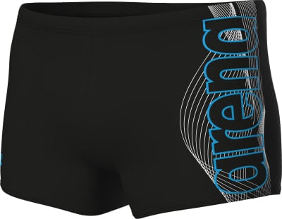 Schwarze Badehose mit blauem Arena-Logo an der Seite. Schwarze Badehose mit blauem Arena-Logo an der Seite.