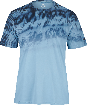 Blaues Kurzarm-T-Shirt mit abstraktem Muster im oberen Bereich.