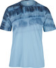 Blaues Kurzarm-T-Shirt mit abstraktem Muster im oberen Bereich.