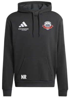 Schwarzer Hoodie mit Adidas, Intersport und Sport Union Lassee Logo.