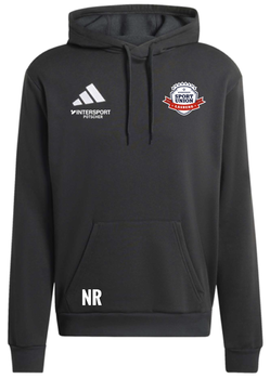 Schwarzer Hoodie mit Adidas, Intersport und Sport Union Lassee Logo.