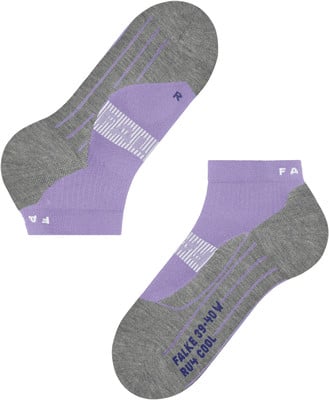 Graue und violette Knöchel-Socken mit Markenlogo und Größe. Graue und violette Knöchel-Socken mit Markenlogo und Größe.