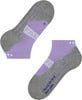 Graue und violette Knöchel-Socken mit Markenlogo und Größe.
