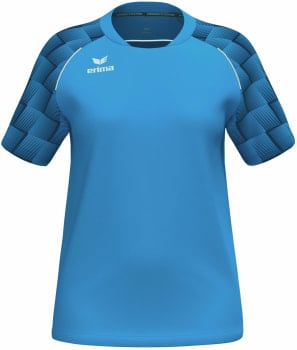 Blaues Sportshirt mit Ärmeldesign und Erima-Logo.