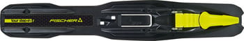 Schwarzer Skischuh mit gelbem Mechanismus und Fischer-Logo.