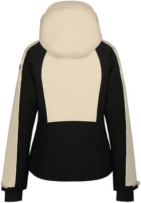 Rückansicht einer beige-schwarzen Kapuzenjacke. Rückansicht einer beige-schwarzen Kapuzenjacke.