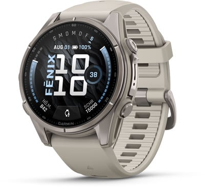 Graue Garmin Fenix Smartwatch mit beigem Armband und Zifferblatt. Graue Garmin Fenix Smartwatch mit beigem Armband und Zifferblatt.