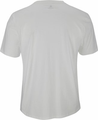 Rückseite eines weißen T-Shirts mit einem Logo oben in der Mitte. Rückseite eines weißen T-Shirts mit einem Logo oben in der Mitte.