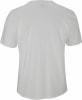 Rückseite eines weißen T-Shirts mit einem Logo oben in der Mitte.
