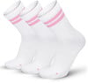 Drei weiße Socken mit rosa Streifen am oberen Bund.