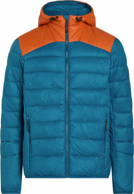 Blaue Daunenjacke mit orangefarbenen Schultern und Kapuze. Blaue Daunenjacke mit orangefarbenen Schultern und Kapuze.