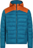 Blaue Daunenjacke mit orangefarbenen Schultern und Kapuze.