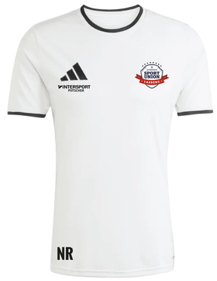 Weißes Sportshirt mit Intersport und Sport Union Lasberg Logo und Schriftzug.
