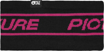 Schwarzer Nackenschutz mit pinkem Picture-Logo und Streifen.