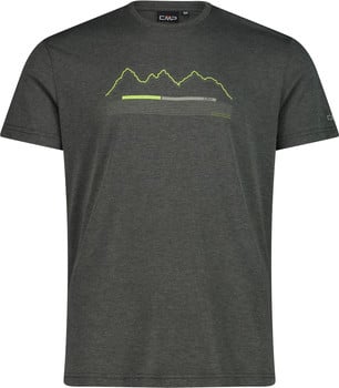 Dunkelgraues T-Shirt mit grafischem Bergaufdruck und CMP-Logo.
