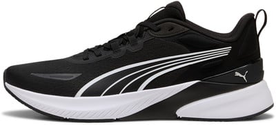 Schwarzer Puma Laufschuh mit weißen Streifen und Sohle. Schwarzer Puma Laufschuh mit weißen Streifen und Sohle.