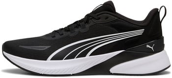 Schwarzer Puma Laufschuh mit weißen Streifen und Sohle.