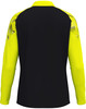 Schwarze Jacke mit langen gelben Ärmeln und Muster auf den Schultern.