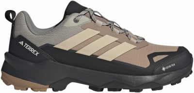 Brauner Adidas Terrex Wanderschuh mit beige Streifen und Gore-Tex. Brauner Adidas Terrex Wanderschuh mit beige Streifen und Gore-Tex.